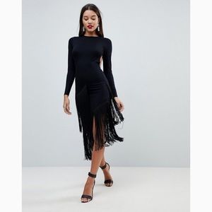 {ASOS} Black Long Sleeved Backless Fringe Dress